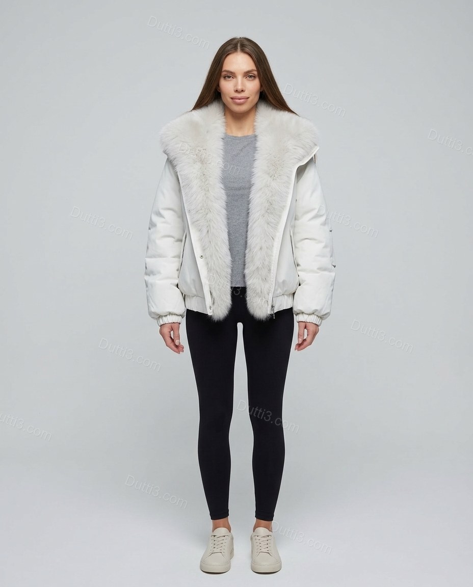 White Faux-Fur Ribbed Jacket, front studio view, by Dutti3