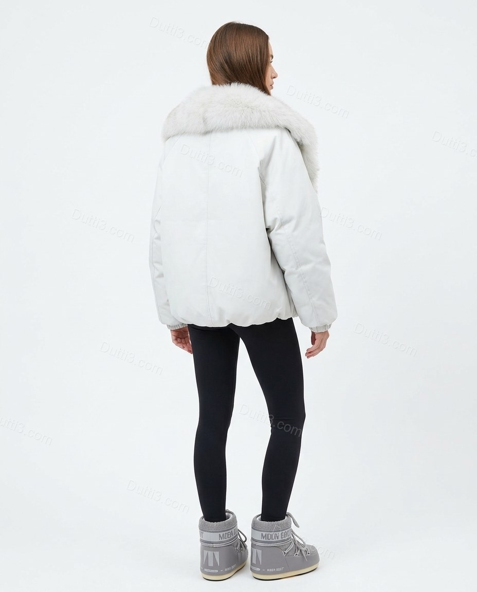 White Faux-Fur Ribbed Jacket, back studio view, by Dutti3