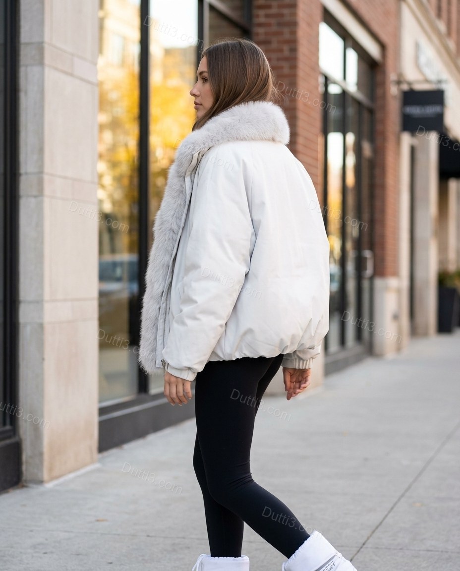 White Faux-Fur Ribbed Jacket, movement and fit lifestyle view, by Dutti3