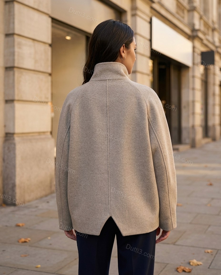 Light Warm Grey Taupe Jacket, three-quarter brand lifestyle view, by Dutti3