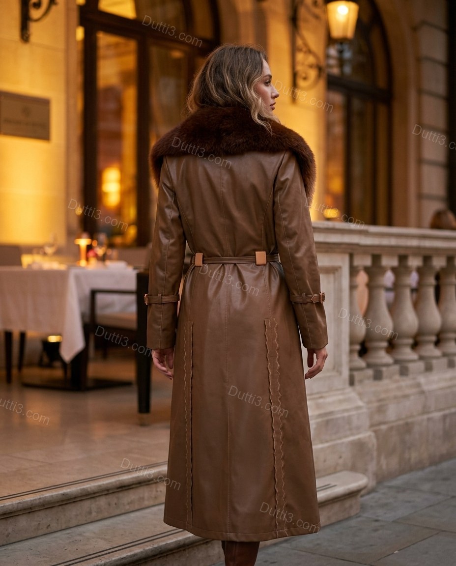 Cognac Brown Faux-Fur Coat, three-quarter brand lifestyle view, by Dutti3
