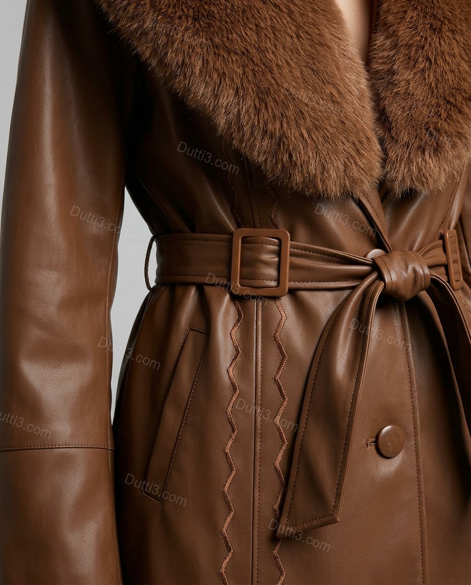 Cognac Brown Faux-Fur Coat, close-up of dark brown and tan accents, self-tie belt and faux fur collar, by Dutti3