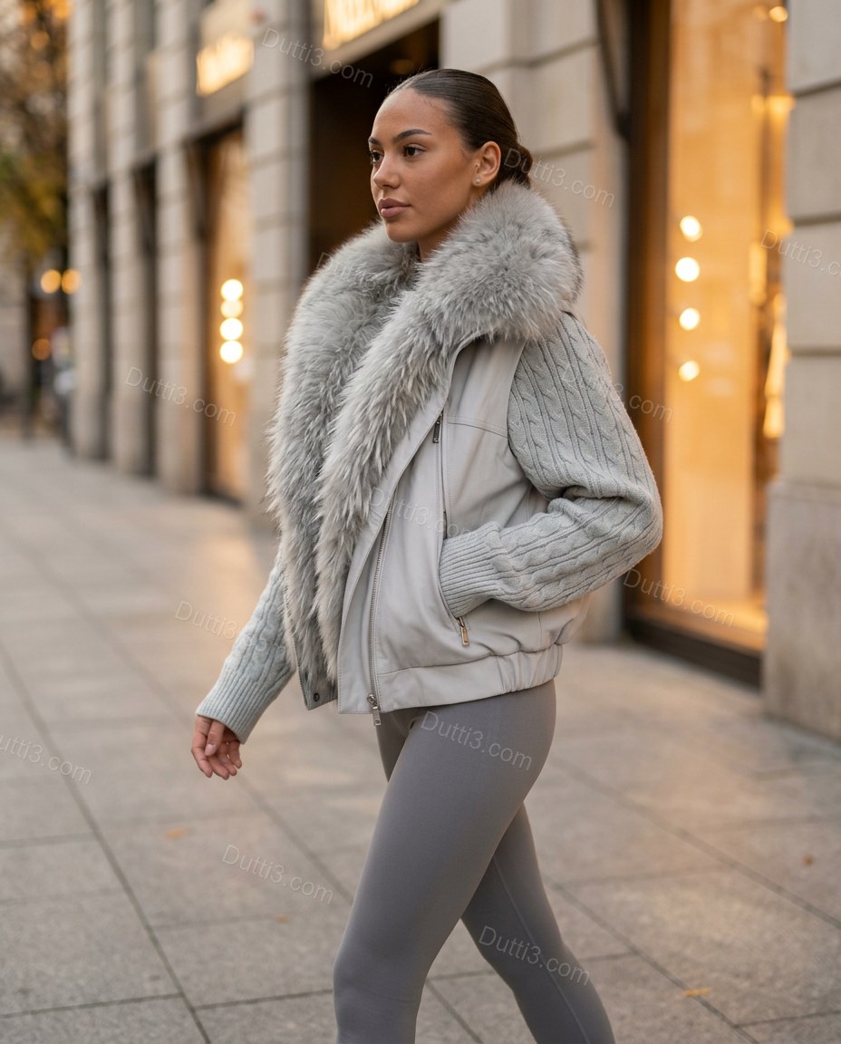 Pale Silver Grey Faux-Fur Knit Ribbed Jacket, movement and fit lifestyle view, by Dutti3