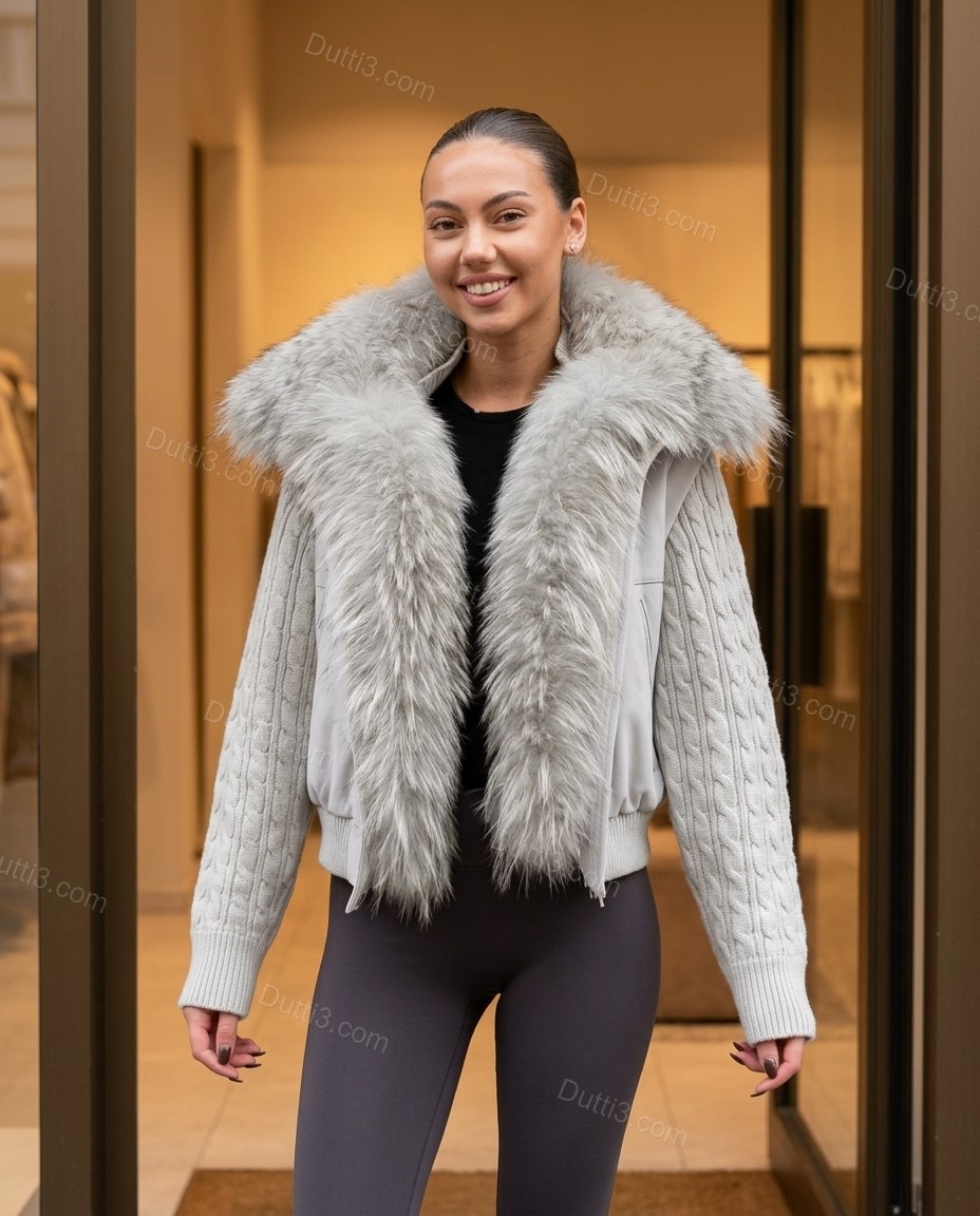 Pale Silver Grey Faux-Fur Knit Ribbed Jacket, full-length hero view, by Dutti3
