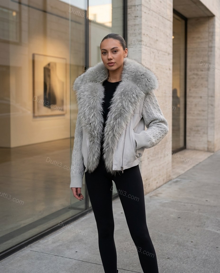 Pale Silver Grey Faux-Fur Knit Ribbed Jacket, alternate use-case lifestyle view, by Dutti3