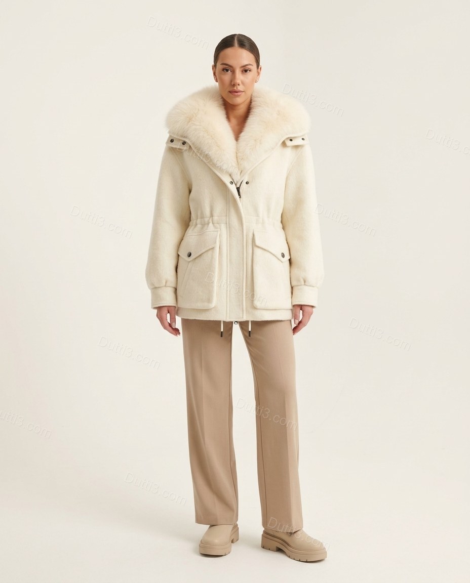 Ivory White Faux-Fur Outerwear, front studio view, by Dutti3