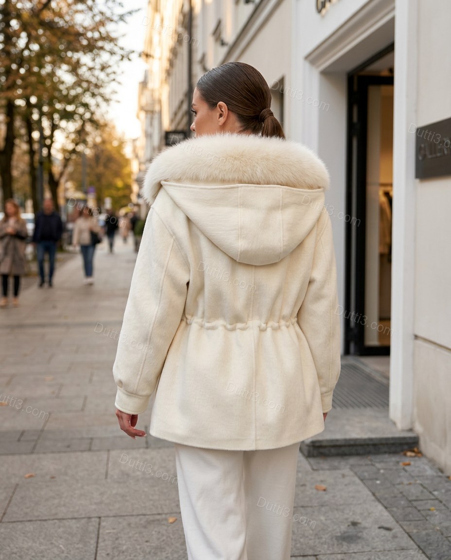 Ivory White Faux-Fur Outerwear, walking lifestyle view, by Dutti3