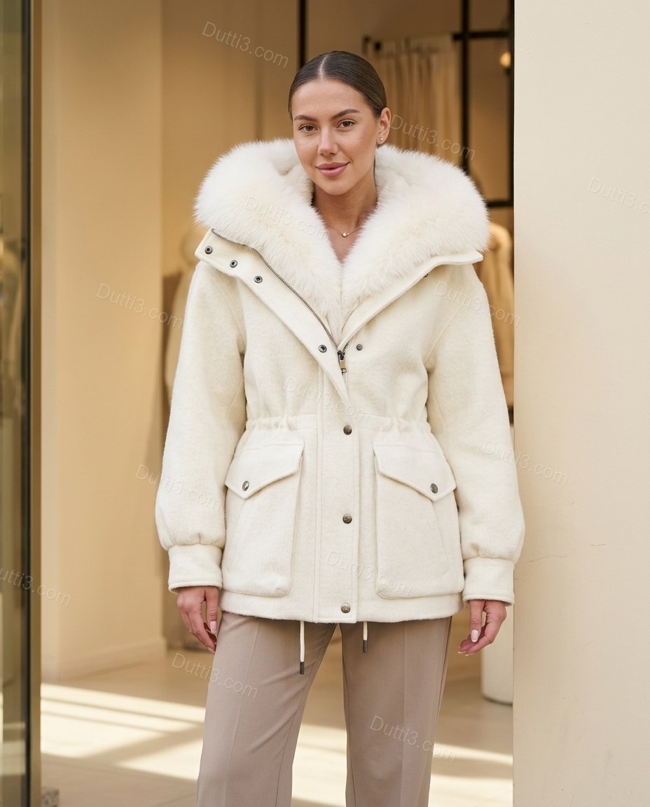 Ivory White Faux-Fur Outerwear, full-length hero view, by Dutti3
