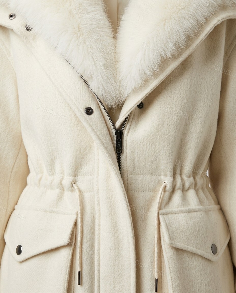 Ivory White Faux-Fur Outerwear, close-up of dark grey accents, faux fur trim and hood, by Dutti3