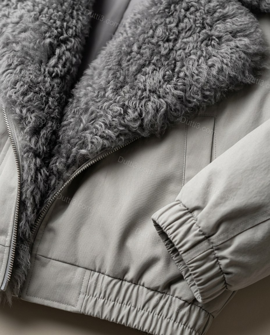 Pale Grey Jacket, close-up of deep cool grey collar accents, zipper closure and fur collar, by Dutti3