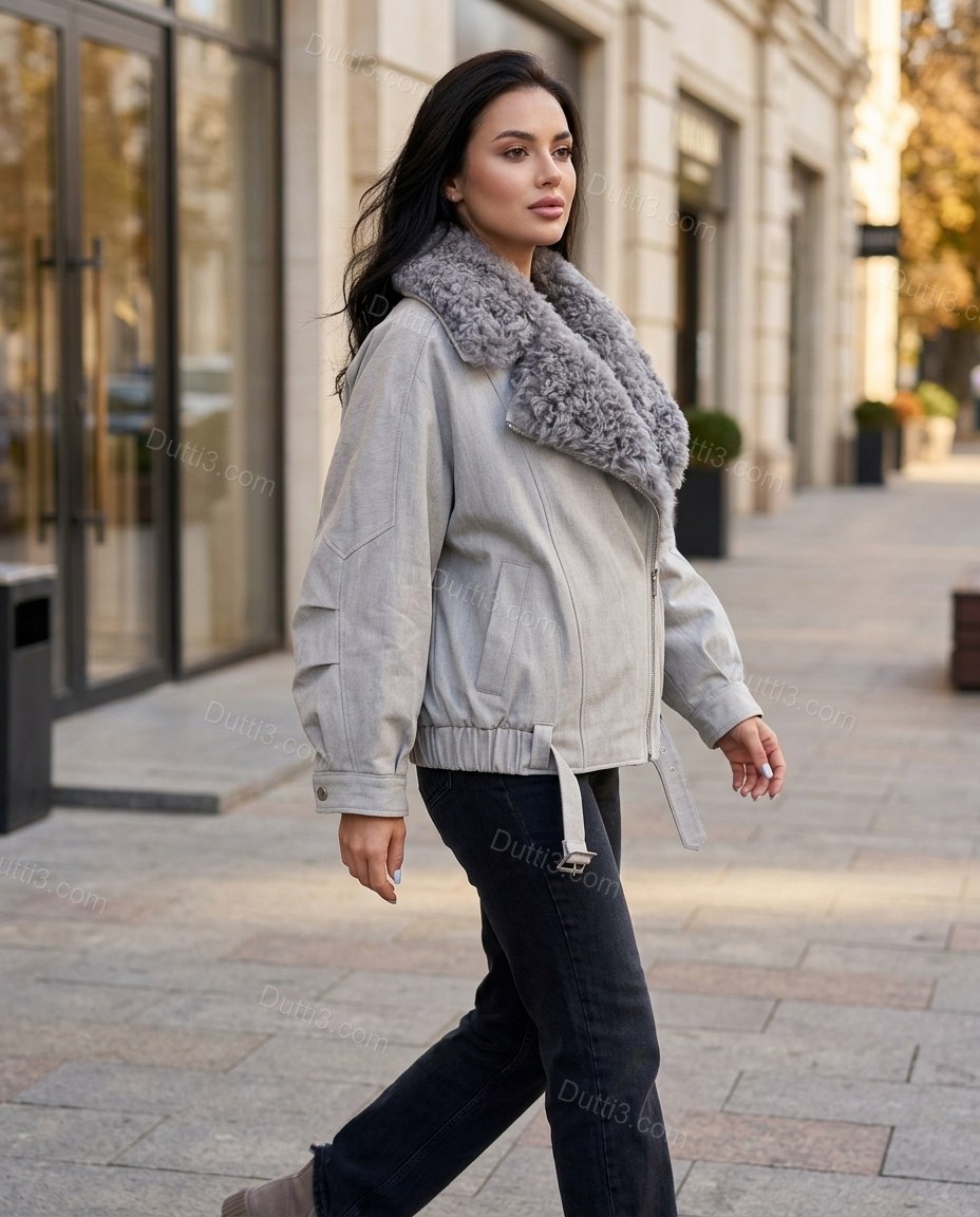 Pale Grey Jacket, movement and fit lifestyle view, by Dutti3