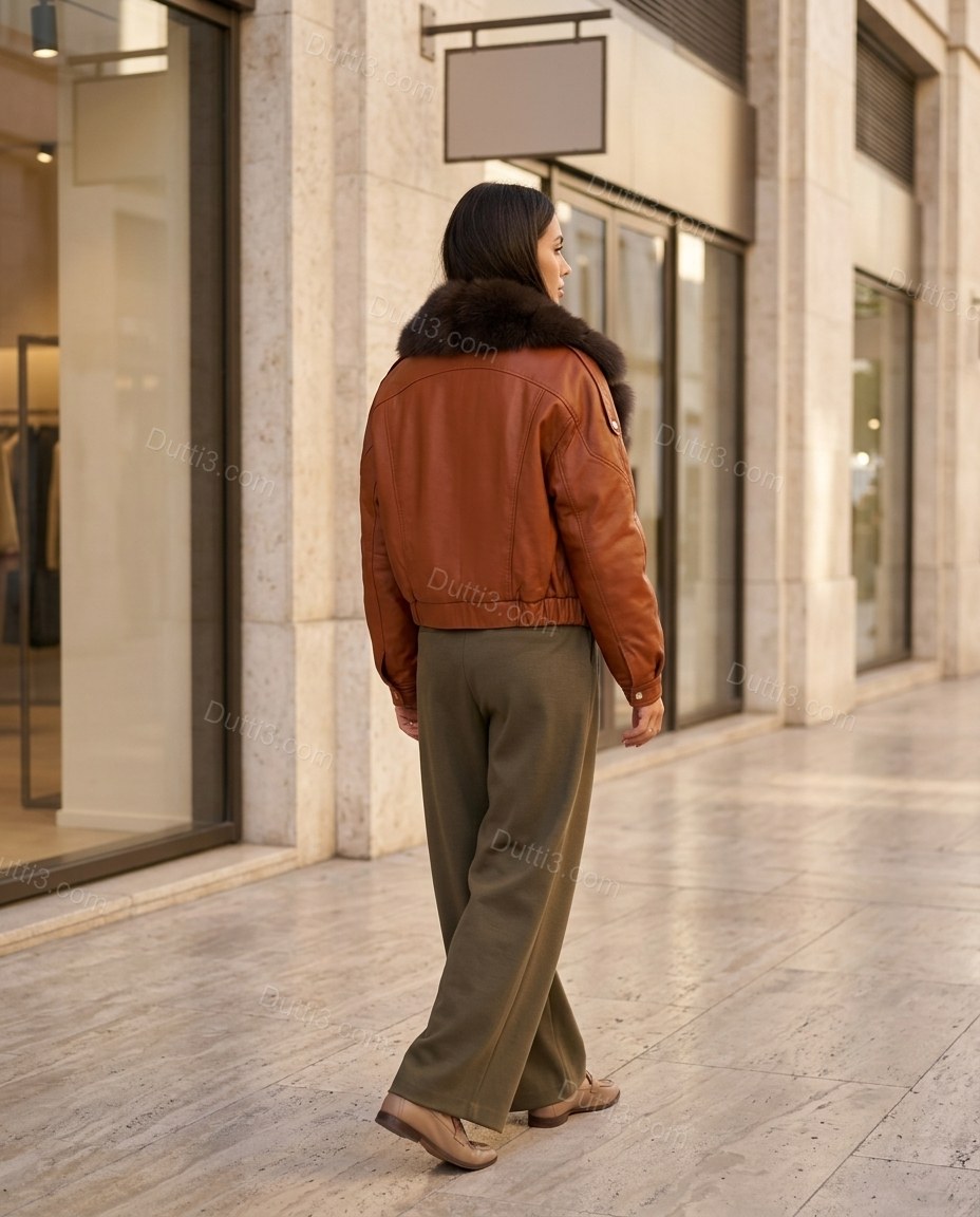 Rust Cognac Brown Jacket, walking lifestyle view, by Dutti3