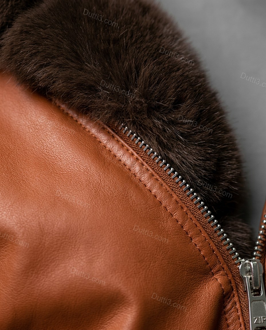 Rust Cognac Brown Jacket, close-up of dark chocolate brown collar accents, polo collar and button placket, by Dutti3