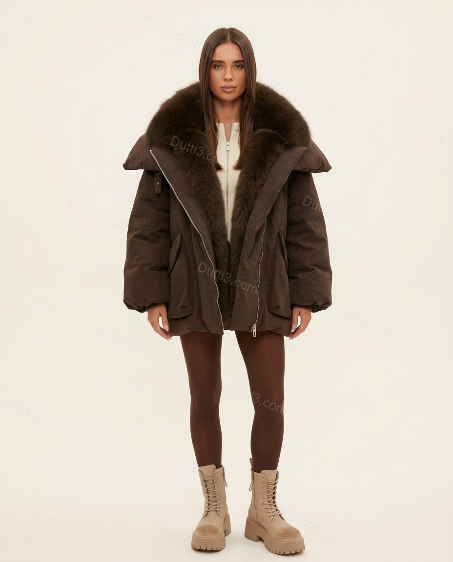 Dark Brown Faux-Fur Coat, front studio view, by Dutti3