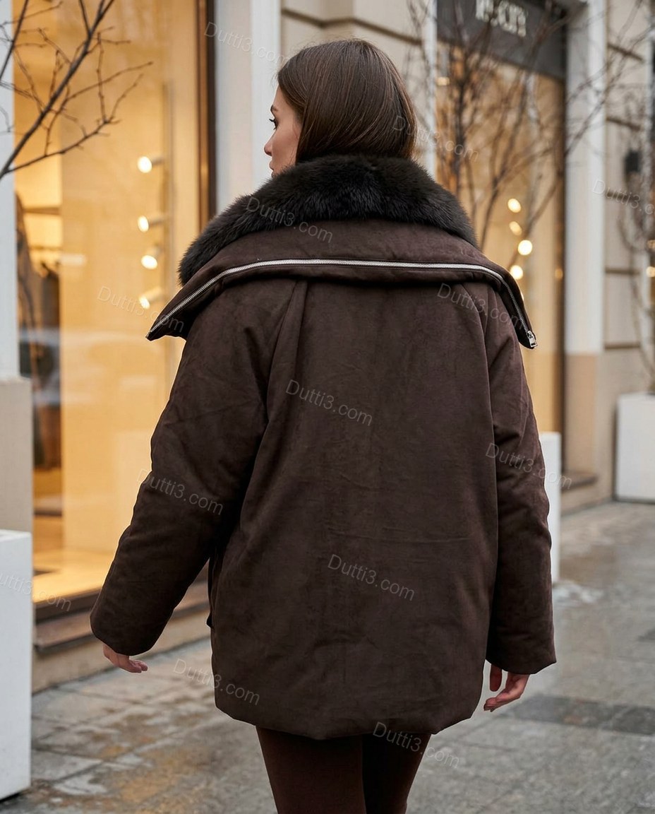 Dark Brown Faux-Fur Coat, three-quarter brand lifestyle view, by Dutti3