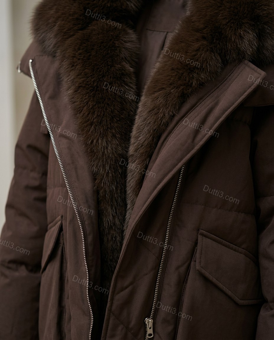 Dark Brown Faux-Fur Coat, close-up of silver accents, front zipper closure and large patch pockets, by Dutti3