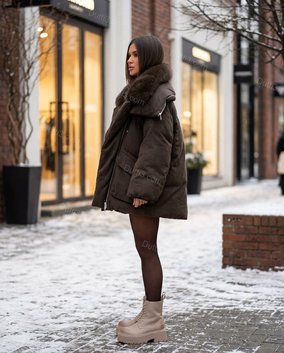 Dark Brown Faux-Fur Coat, walking lifestyle view, by Dutti3