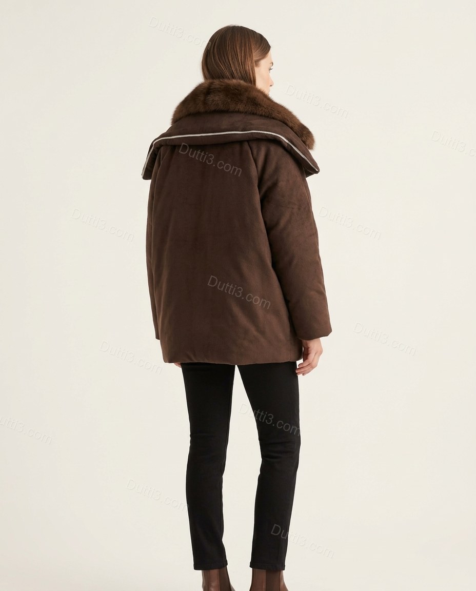 Dark Brown Faux-Fur Coat, back studio view showing plain back view with no distinctive features, by Dutti3