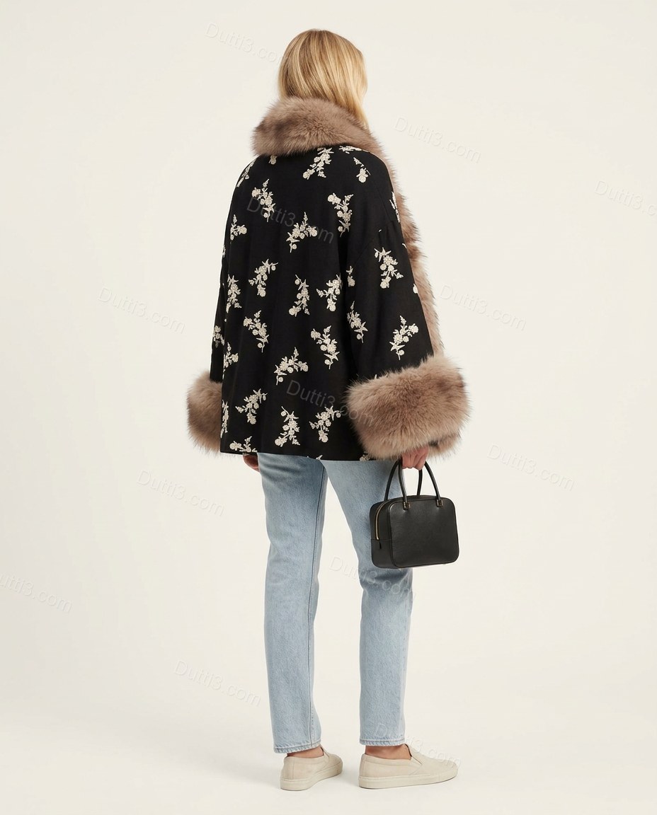 Black Floral Embroidered Faux-Fur Coat, back studio view, by Dutti3