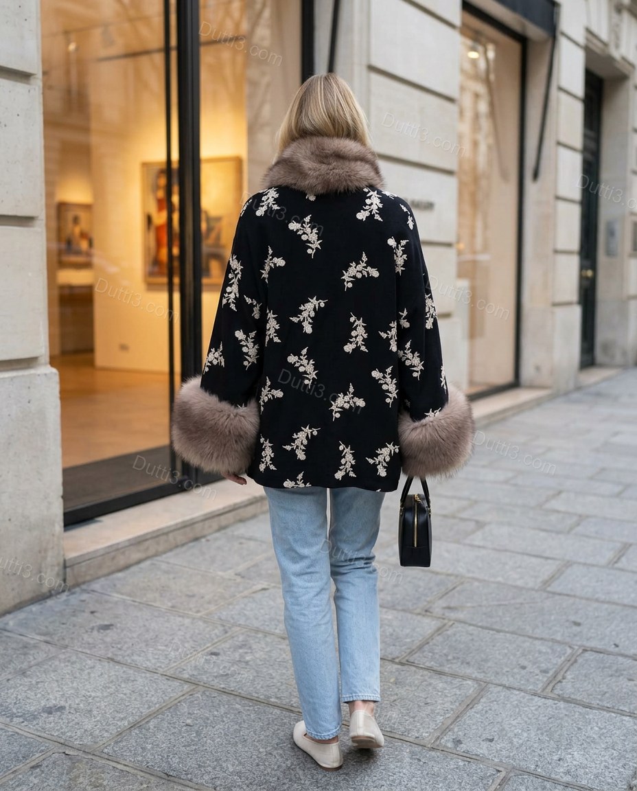 Black Floral Embroidered Faux-Fur Coat, three-quarter brand lifestyle view, by Dutti3