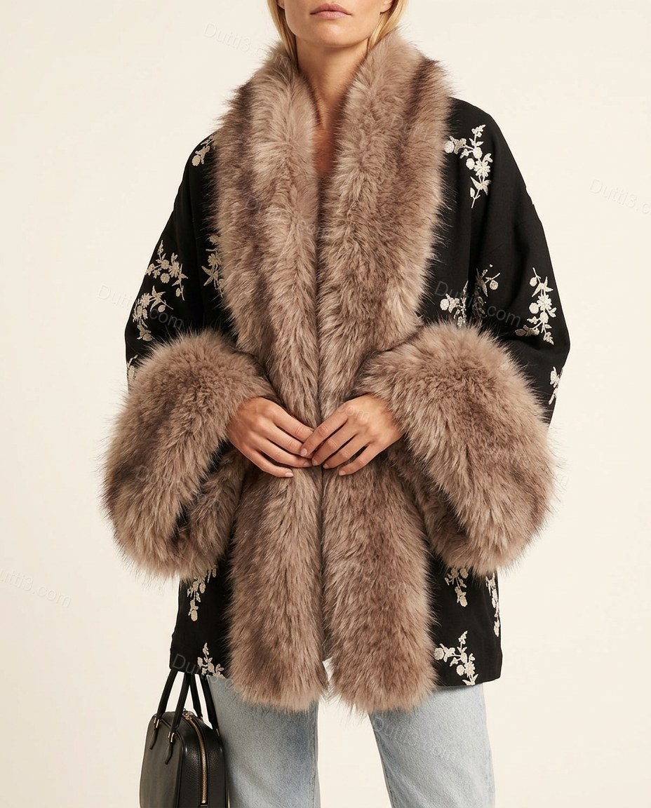 Black Floral Embroidered Faux-Fur Coat, front studio view, by Dutti3