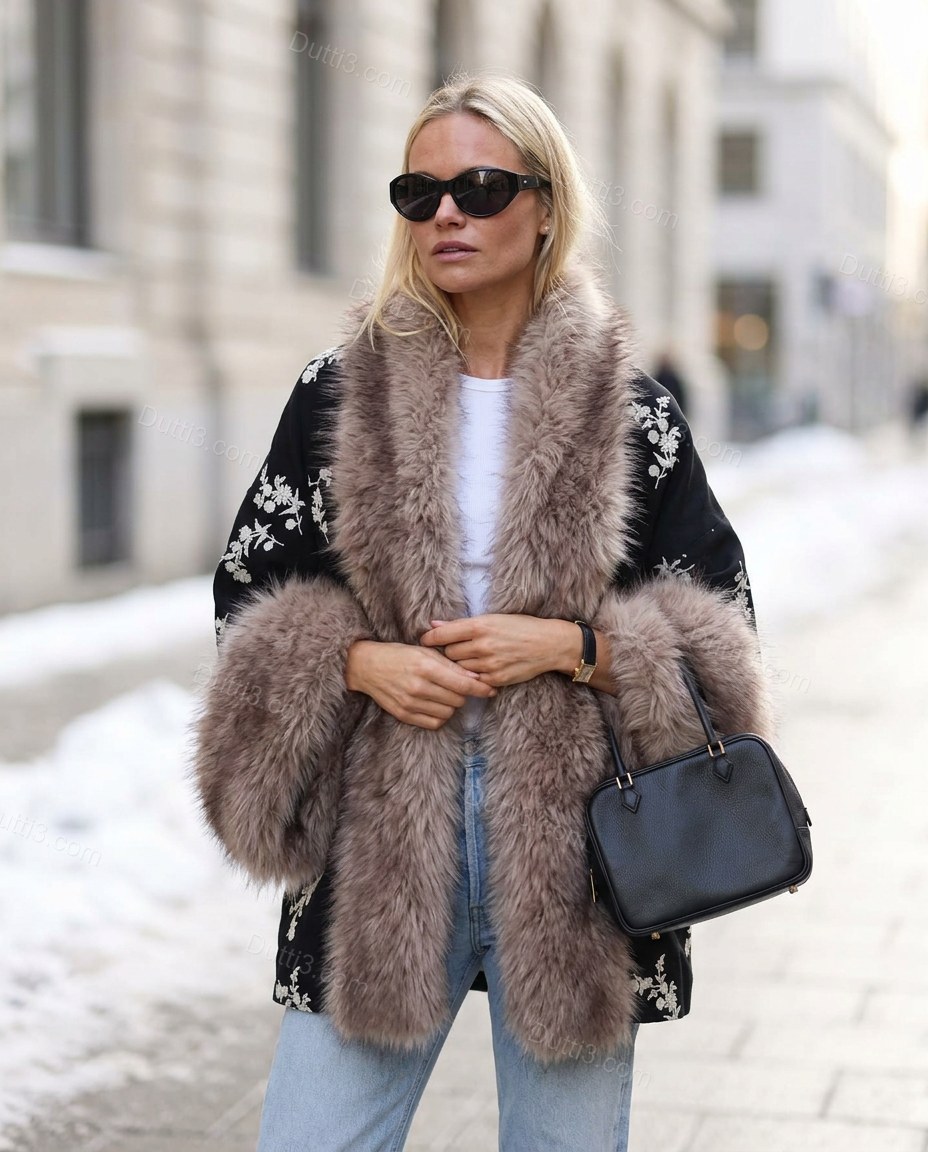 Black Floral Embroidered Faux-Fur Coat, full-length hero view, by Dutti3