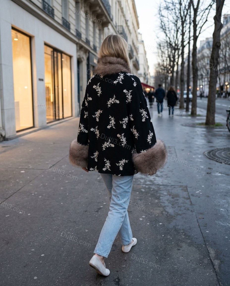 Black Floral Embroidered Faux-Fur Coat, walking lifestyle view, by Dutti3