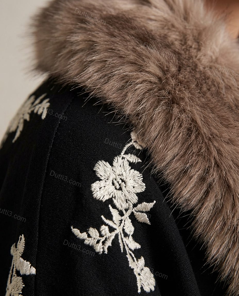 Black Floral Embroidered Faux-Fur Coat, close-up of floral embroidery, by Dutti3