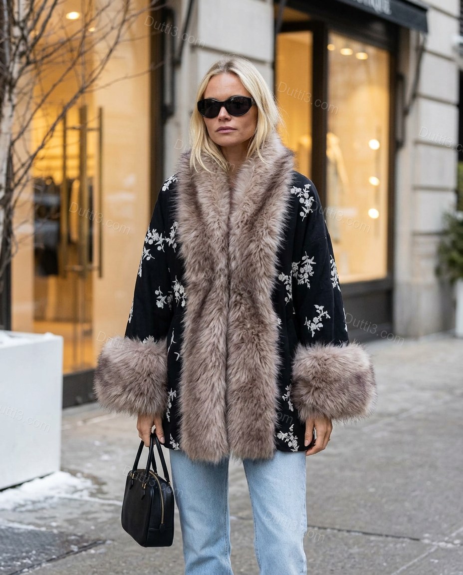 Black Floral Embroidered Faux-Fur Coat, alternate use-case lifestyle view, by Dutti3
