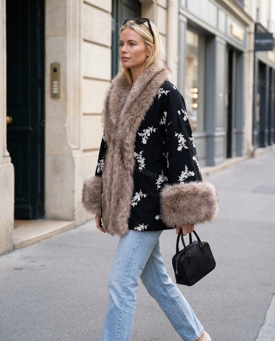 Black Floral Embroidered Faux-Fur Coat, movement and fit lifestyle view, by Dutti3