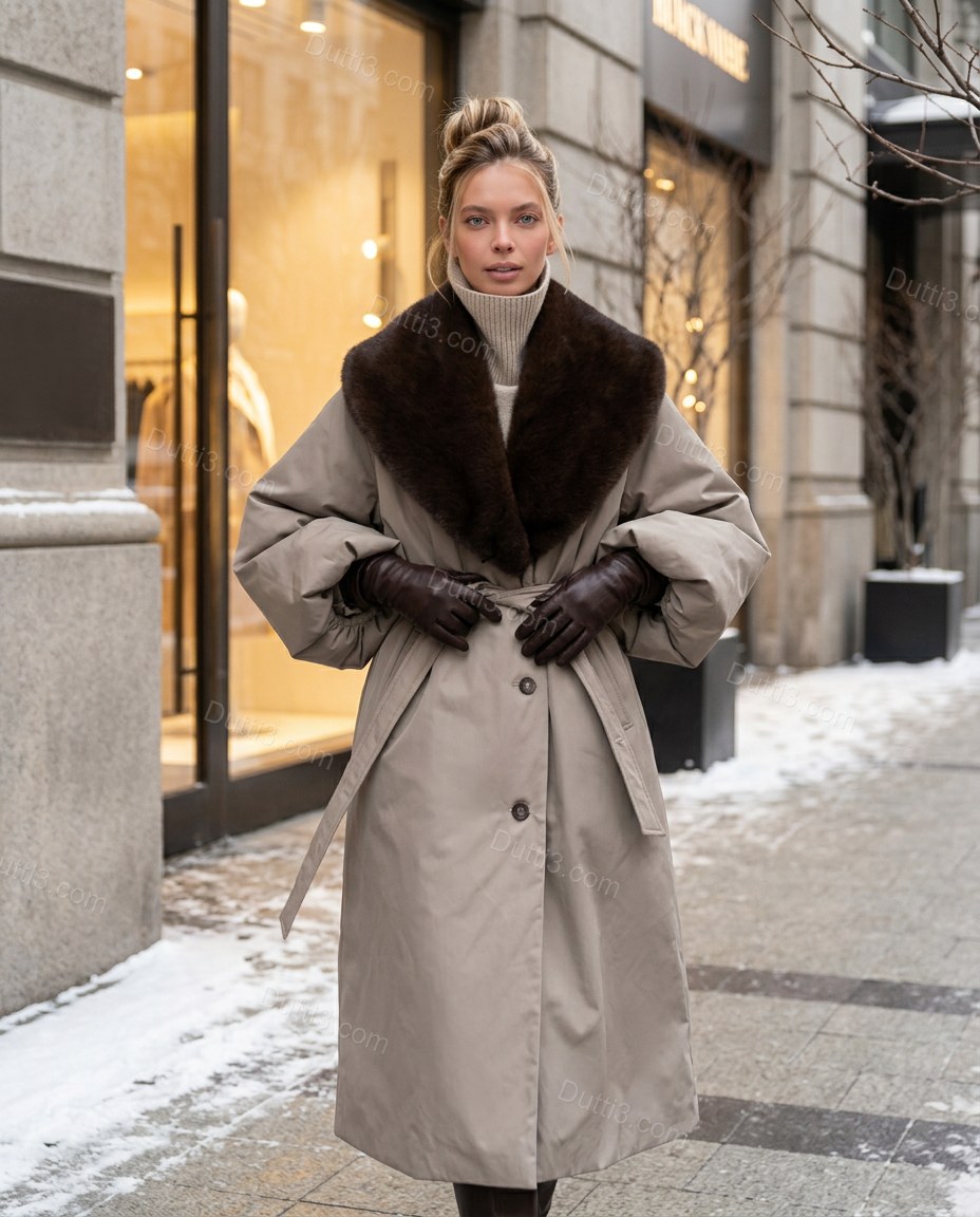 Greige Faux-Fur Coat, movement and fit lifestyle view, by Dutti3