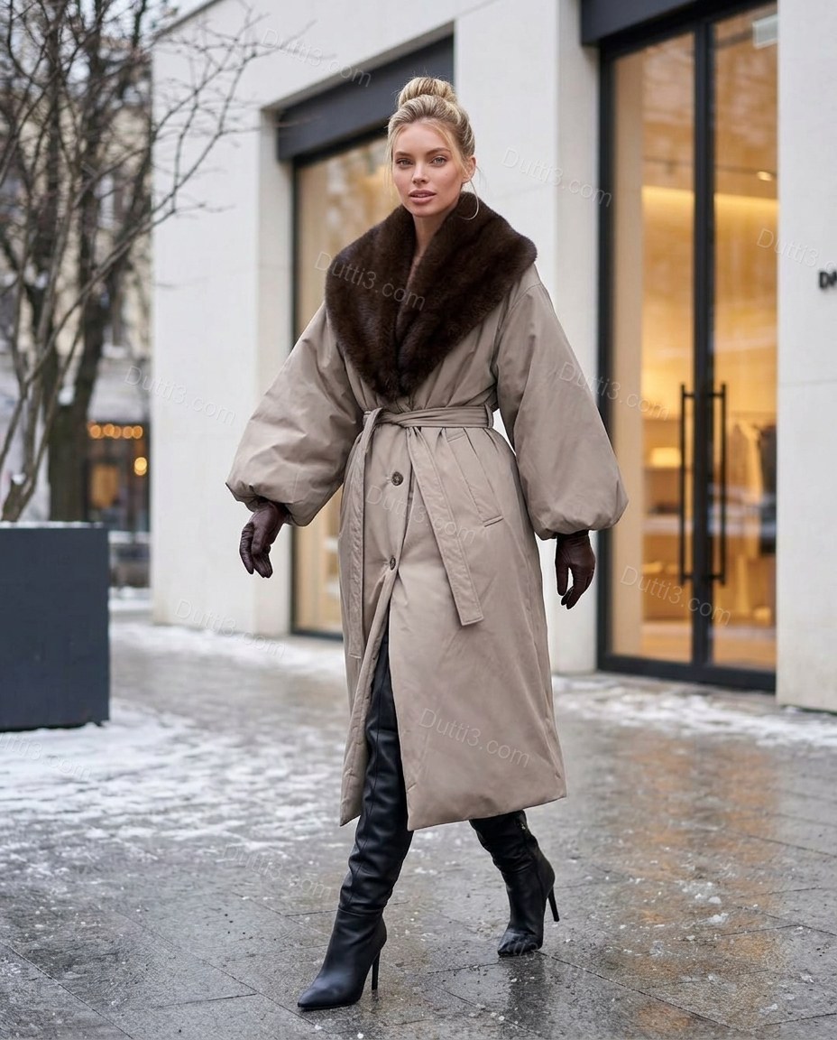 Greige Faux-Fur Coat, walking lifestyle view, by Dutti3