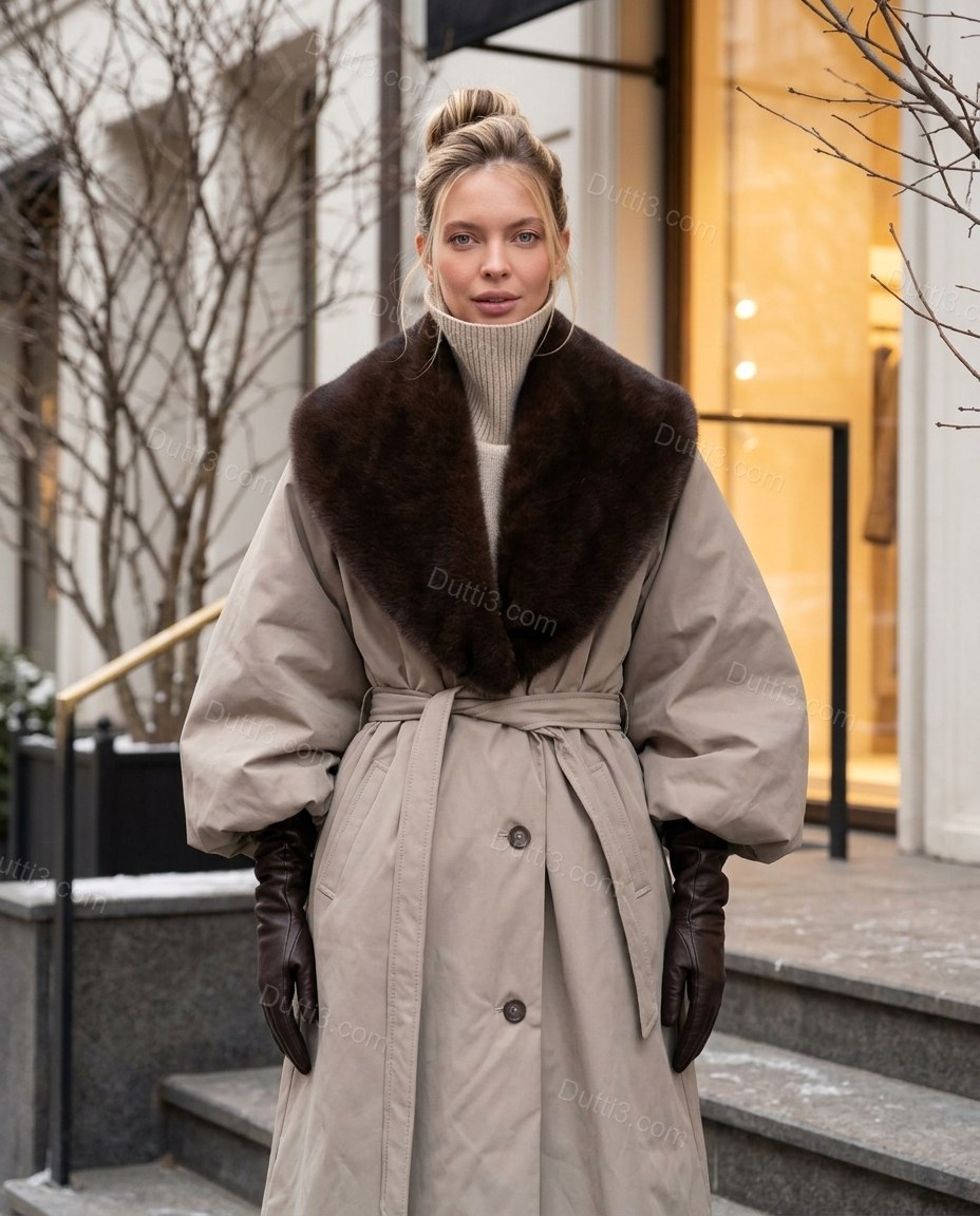 Greige Faux-Fur Coat, three-quarter brand lifestyle view, by Dutti3