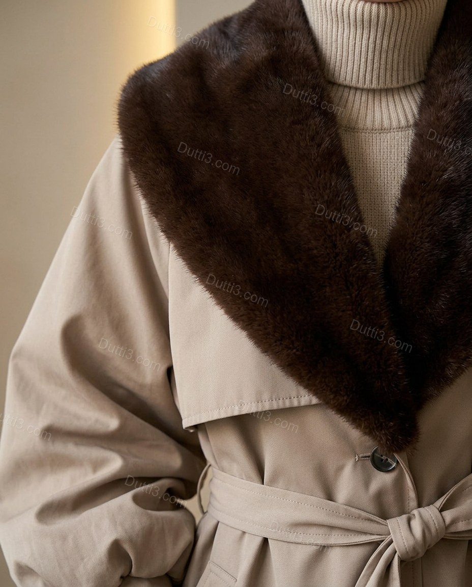 Greige Faux-Fur Coat, close-up of dark brown accents, front button closure and self-tie waist belt, by Dutti3