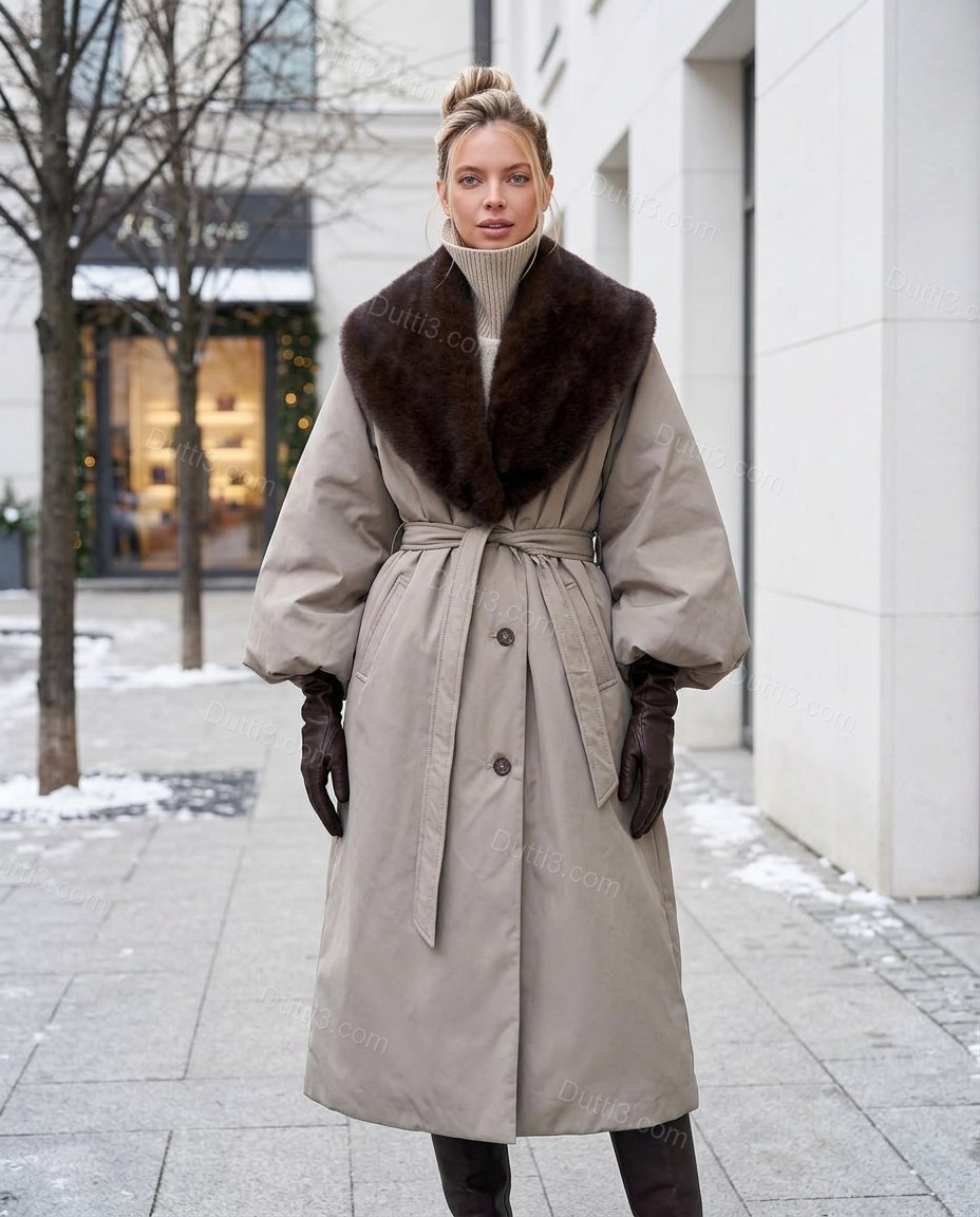 Greige Faux-Fur Coat, full-length hero view, by Dutti3