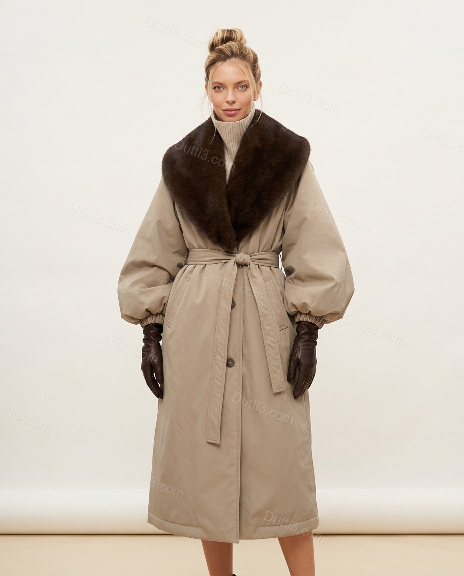 Greige Faux-Fur Coat, front studio view, by Dutti3