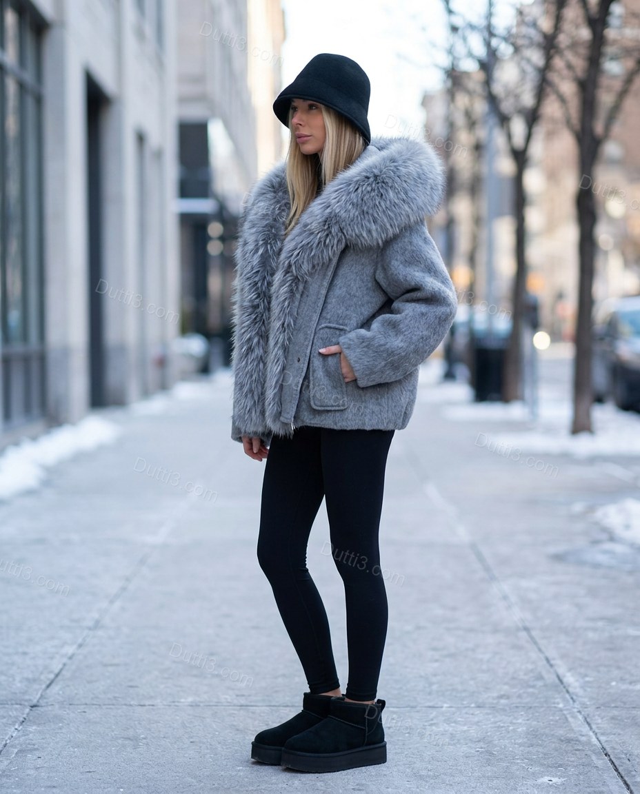 Grey Faux-Fur Jacket, three-quarter brand lifestyle view, by Dutti3