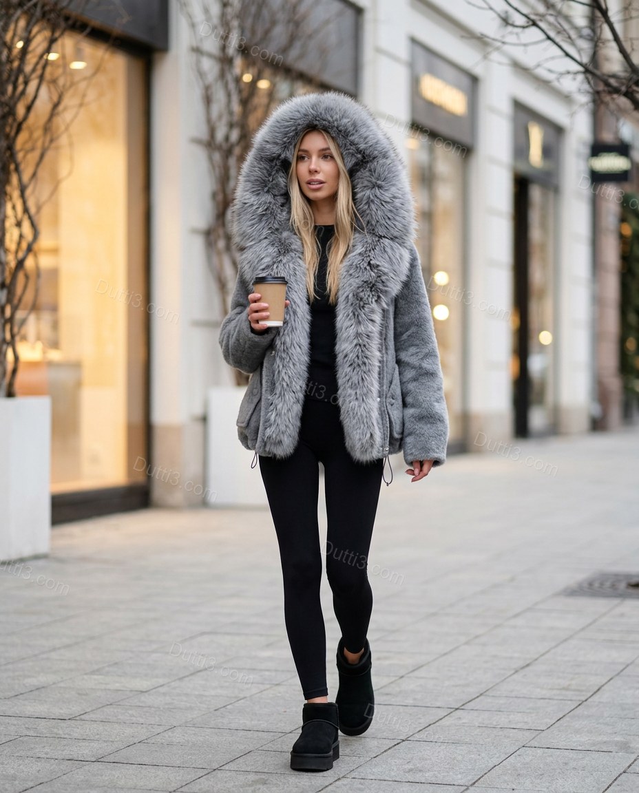 Grey Faux-Fur Jacket, walking lifestyle view, by Dutti3