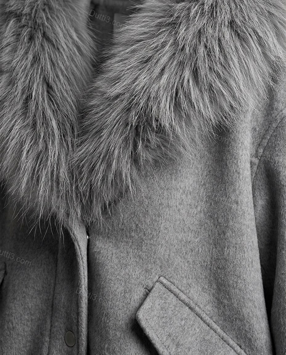 Grey Faux-Fur Jacket, close-up of hood, fur trim and elasticized cuffs, by Dutti3