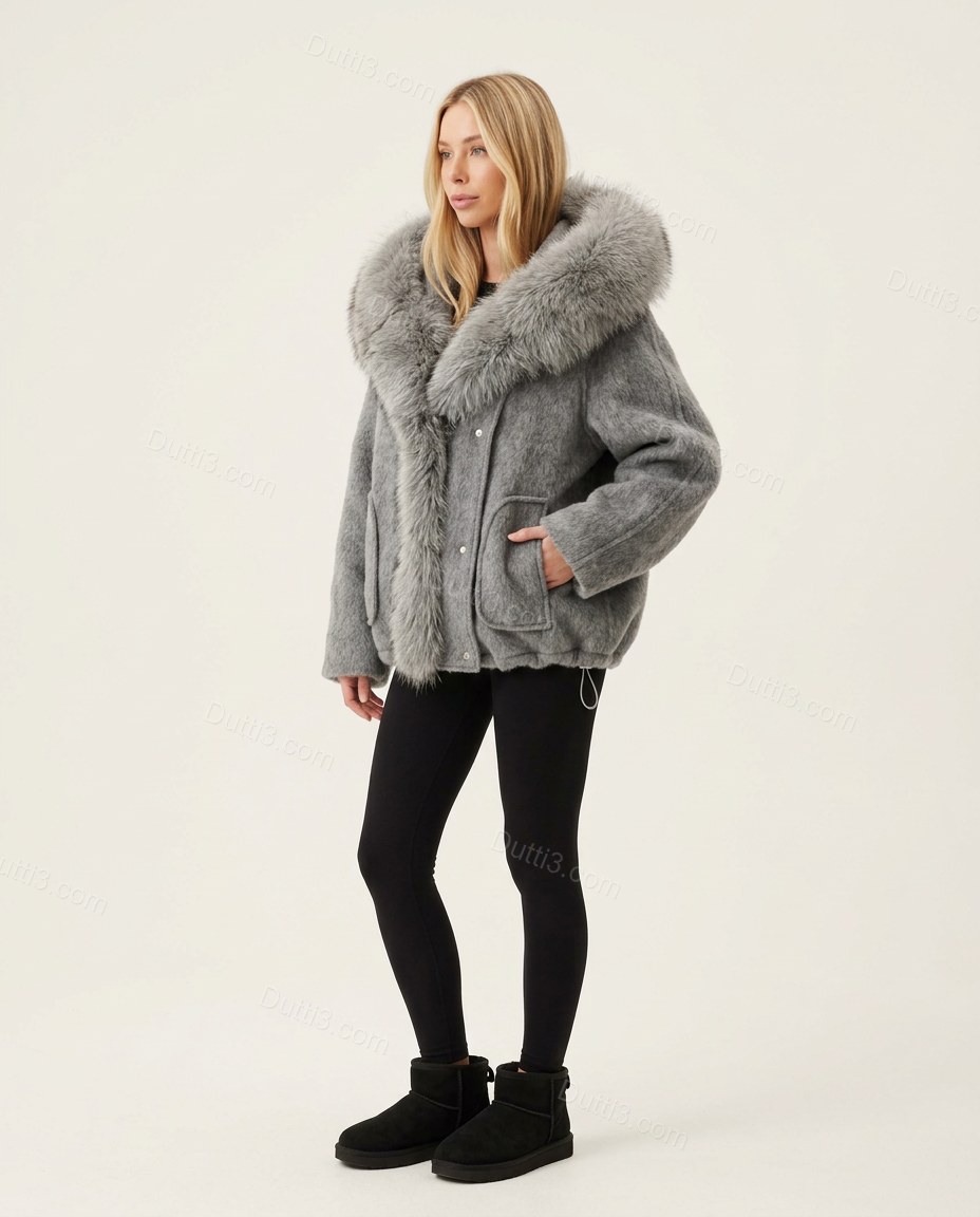 Grey Faux-Fur Jacket, side and back studio view, by Dutti3