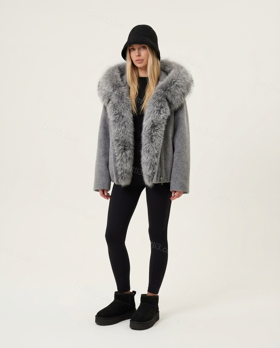 Grey Faux-Fur Jacket, front studio view, by Dutti3