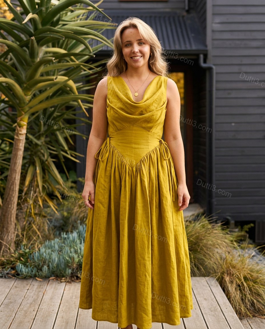 Yellow Maxi Cowl-Neck Dress, full-length hero view, by Dutti3