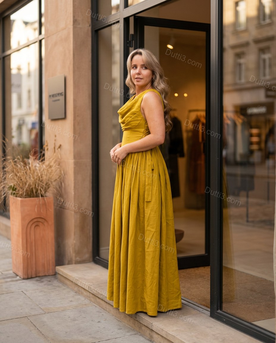 Yellow Maxi Cowl-Neck Dress, three-quarter brand lifestyle view, by Dutti3
