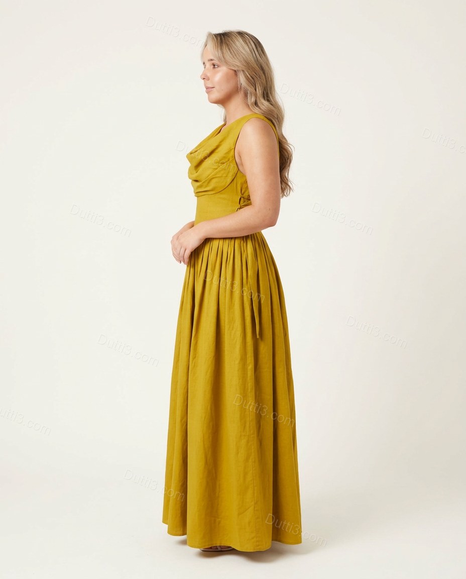 Yellow Maxi Cowl-Neck Dress, side and back studio view showing gathered back with seams visible, by Dutti3