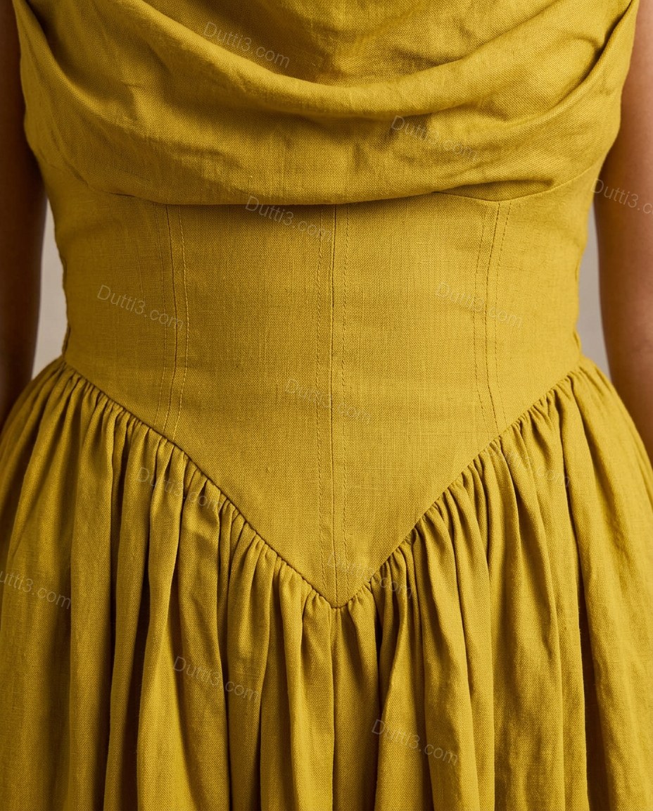 Yellow Maxi Cowl-Neck Dress, close-up of gathered bodice, gathered skirt and cowl neckline, by Dutti3