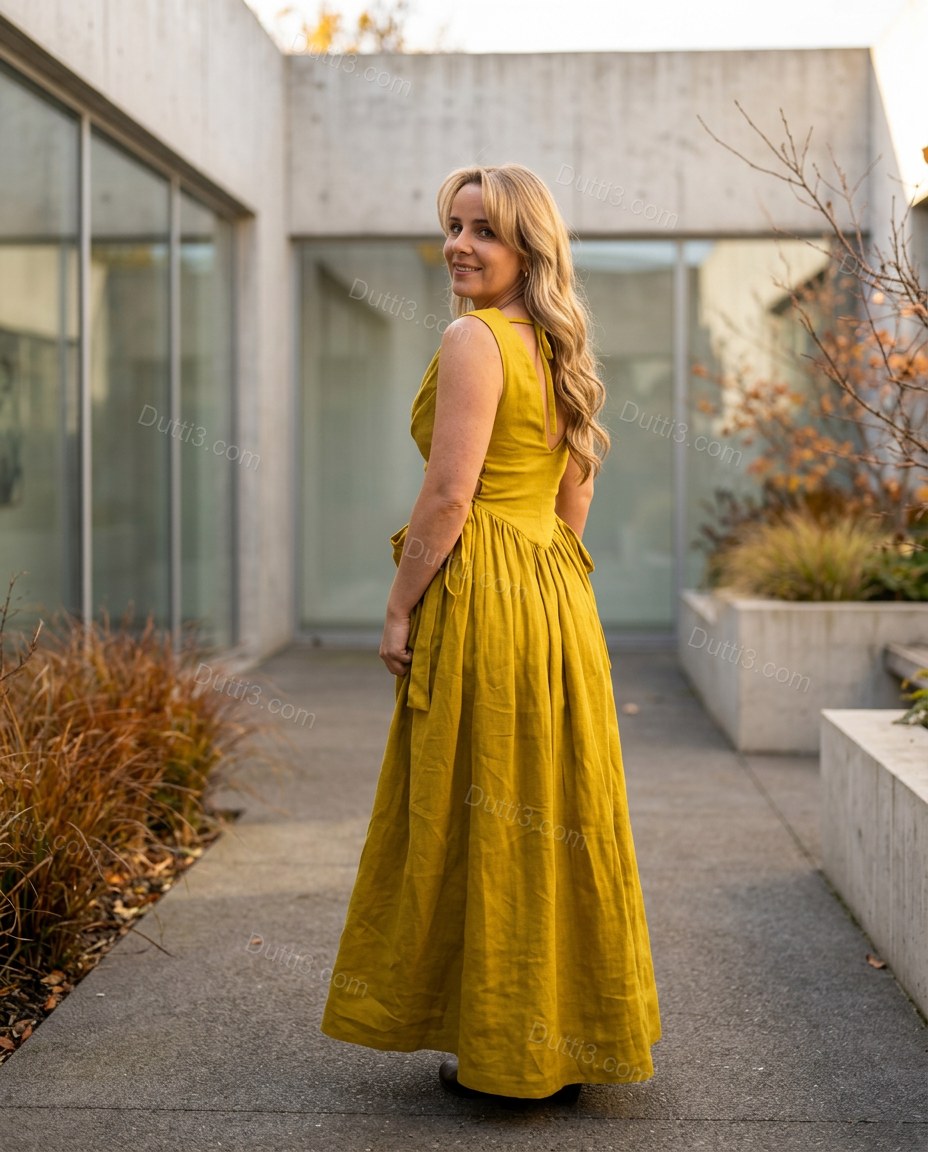 Yellow Maxi Cowl-Neck Dress, movement and fit lifestyle view, by Dutti3