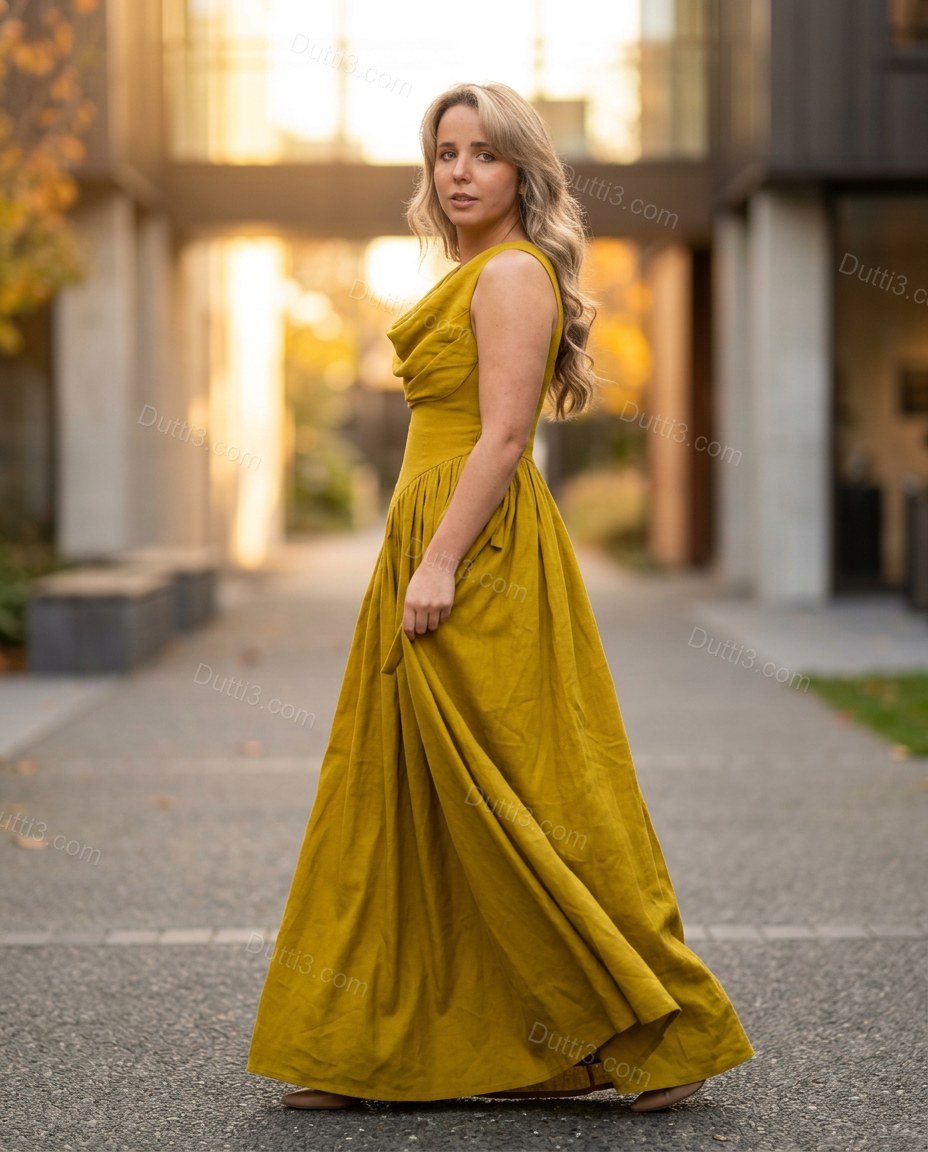 Yellow Maxi Cowl-Neck Dress, walking lifestyle view, by Dutti3