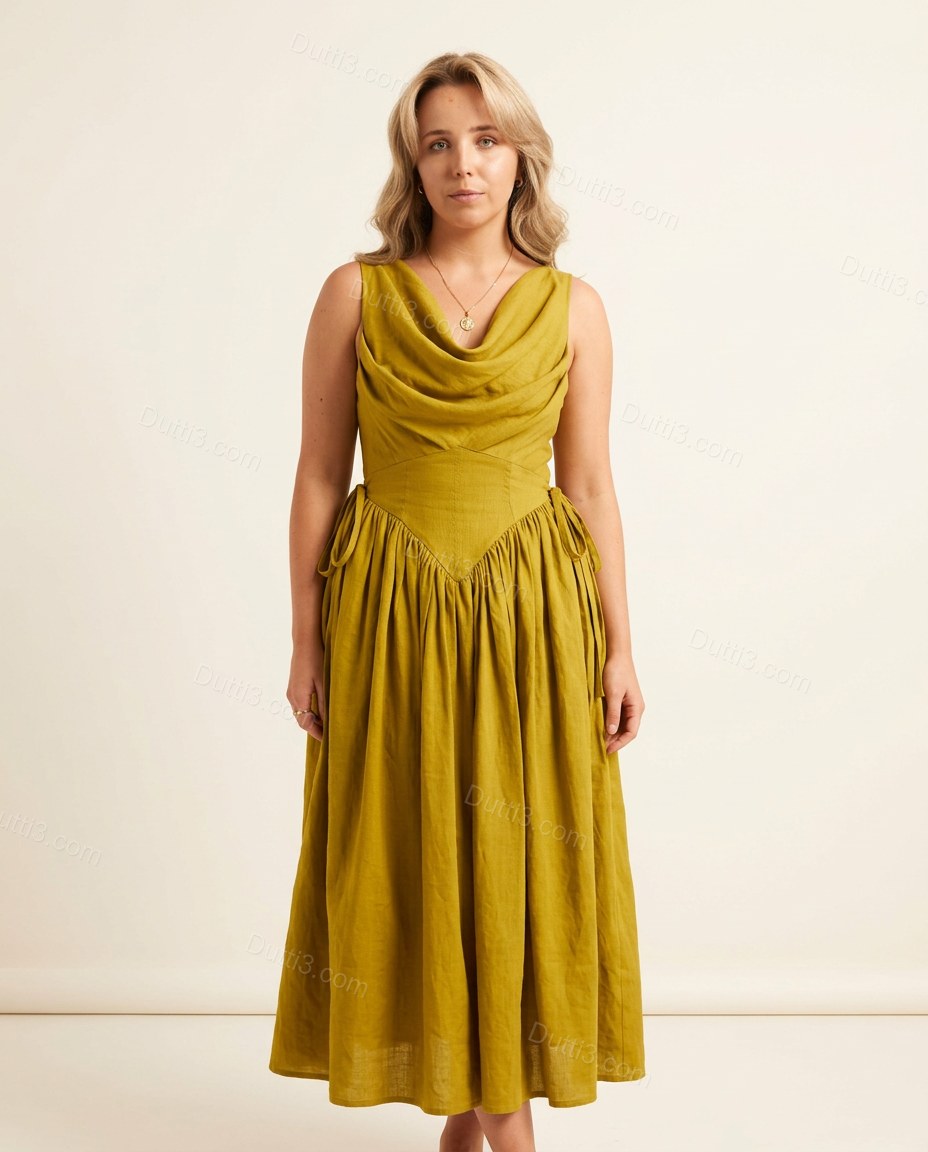 Yellow Maxi Cowl-Neck Dress, front studio view, by Dutti3