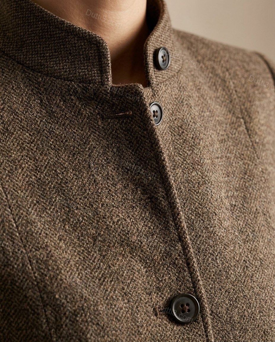 Brown Blazer, close-up of band collar, button front closure and structured shoulders, by Dutti3
