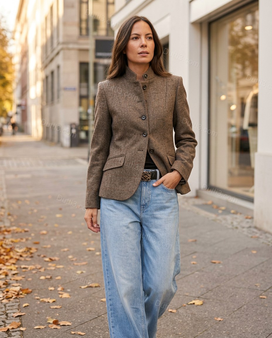 Brown Blazer, walking lifestyle view, by Dutti3